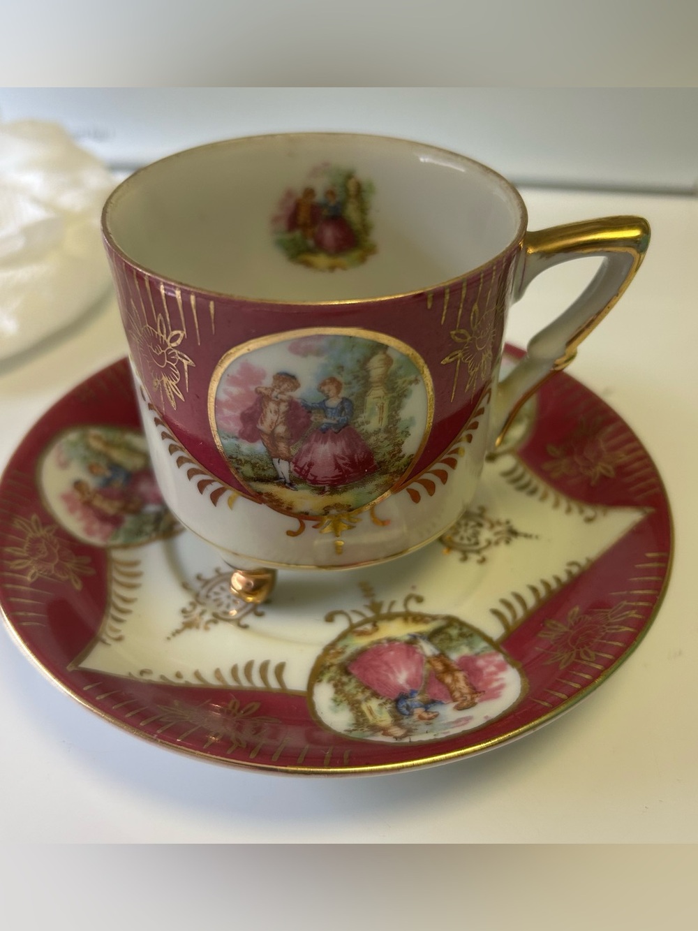 Royal Sealy China Porcelain Footed Tea Cup & Saucer Set Red/White/Gold Romantic